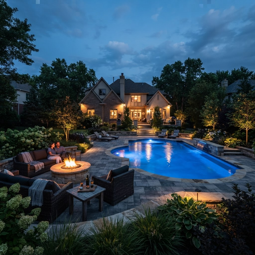 Inground pool with stone hardscape and lit fire pit at dusk